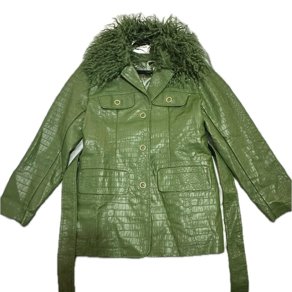 Green leather jacket with afghan fur trim